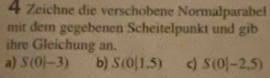 Zeichne die verschobene Normalparabel 
mit dem gegebenen Scheitelpunkt und gib 
ihre Gleichung an. 
a) S(0|-3) b) S(0|1.5) c) S(0|-2,5)