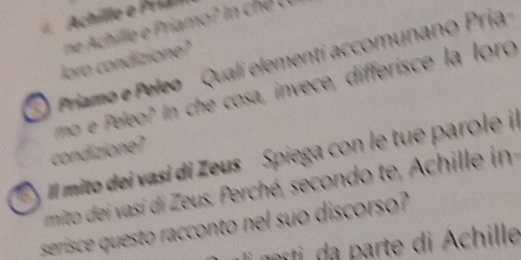 Priamo e Peleo Qualí elementi accomunano Pria Joro condizione? 
m e Peleo? In che cosa, invece, differisce la loro 
condizione? 
Il mito dei vasi di Zeus Spiega con le tue parole in 
mito dei vasi di Zeus. Perché, secondo te, Achille in 
serisce questo racconto nel suo discorso? 
a te i hille