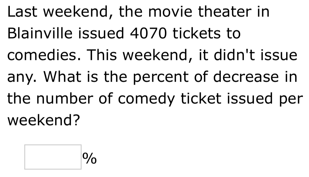 Last weekend, the movie theater in
Blainville issued 4070 tickets to
comedies. This weekend, it didn't issue
any. What is the percent of decrease in
the number of comedy ticket issued per
weekend?