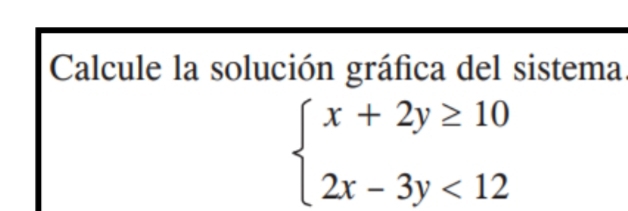 Calcule la solución gráfica del sistema.
beginarrayl x+2y≥ 10 2x-3y<12endarray.