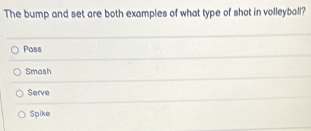 The bump and set are both examples of what type of shot in volleyball?
Pass
Smash
Serve
Spike