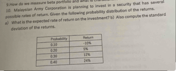 How do we measure beta portfolio and what is cl 
10. Malaysian Army Corporation is planning to invest in a security that has several 
possible rates of return. Given the following probability distribution of the returns. 
a) What is the expected rate of return on the investment? b) Also compute the standard 
deviation of the returns.