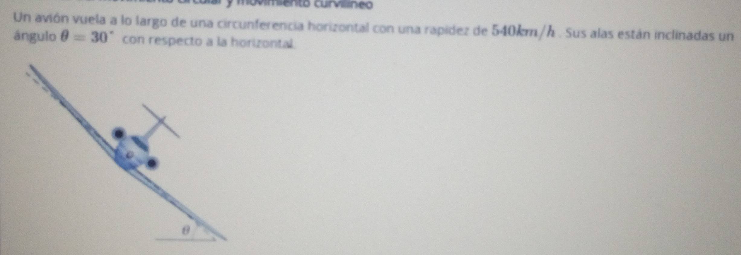 movimiento curvillineo 
Un avión vuela a lo largo de una circunferencia horizontal con una rapídez de 540km/h. Sus alas están inclinadas un 
ángulo θ =30° con respecto a la horizontal.