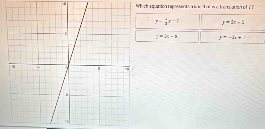 Which equation represents a line that is a translation of 1?
y= 1/3 x-7
y=2x+5
y=3x-8
y=-3x+1