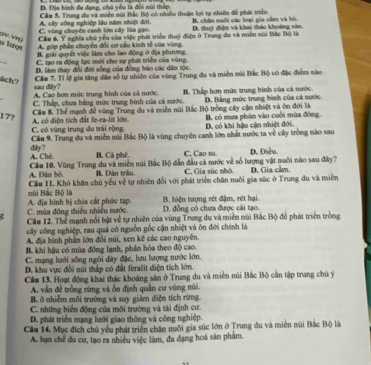 D. Địa hình đa dạng, chủ yếu là đồi núi thấp.
Câu 5. Trung du và miền núi Bắc Bộ có nhiều thuận lợi tự nhiên để phát triển
A. cây công nghiệp lâu năm nhiệt đới. B. chăn nuôi các loại gia cầm và bò.
C. vùng chuyên canh lớn cây lúa gạo. D. thuỷ điện và khai thác khoáng sản.
ov.vn) Câu 6. Ý nghĩa chủ yếu của việc phát triển thuỷ điện ở Trung du và miền núi Bắc Bộ là
1 lượt A. góp phần chuyển đổi cơ cầu kinh tế của vùng.
B giải quyết việc làm cho lao động ở địa phương.
. C. tạo ra động lực mới cho sự phát triển của vùng.
D. làm thay đổi đời sống của đồng bảo các dân tộc.
ách?
Câu 7. Tỉ lệ gia tăng dân số tự nhiên của vùng Trung du và miền núi Bắc Bộ có đặc điểm nào
sau đây?
A. Cao hơn mức trung bình của cả nước. B. Thấp hơn mức trung bình của cả nước.
C. Thấp, chưa bằng mức trung bình của cả nước. D. Bằng mức trung bình của cả nước.
Câu 8. Thể mạnh đề vùng Trung du và miền núi Bắc Bộ trồng cây cận nhiệt và ôn đới là
17? B, có mưa phùn vào cuối mùa đông.
A. có diện tích đất fe-ra-lit lớn.
C. có vùng trung du trải rộng. D. có khí hậu cận nhiệt đới.
Cầu 9. Trung du và miền núi Bắc Bộ là vùng chuyên canh lớn nhất nước ta về cây trồng nào sau
dây?
A. Chè. B. Cà phê. C. Cao su. D. Điều.
Cầu 10. Vùng Trung du và miền núi Bắc Bộ dẫn đầu cả nước về số lượng vật nuôi nào sau đây?
A. Đàn bò. B. Đàn trâu. C. Gia súc nhỏ. D. Gia cầm.
Cầu 11. Khó khăn chủ yếu về tự nhiên đối với phát triển chăn nuôi gia súc ở Trung du và miền
núi Bắc Bộ là
A. địa hình bị chia cắt phức tạp. B. hiện tượng rét đậm, rét hại.
C. mùa đông thiếu nhiều nước. D. đồng cỏ chưa được cải tạo.
Câu 12. Thể mạnh nổi bật về tự nhiên của vùng Trung du và miền núi Bắc Bộ đề phát triển trồng
cây công nghiệp, rau quả có nguồn gốc cận nhiệt và ôn đới chính là
A. địa hình phần lớn đồi núi, xen kẽ các cao nguyên.
B. khí hậu có mùa đông lạnh, phân hóa theo độ cao.
C. mạng lưới sông ngồi dày đặc, lưu lượng nước lớn.
D. khu vực đồi núi thấp có đất feralit diện tích lớn.
Câu 13. Hoạt động khai thác khoáng sản ở Trung du và miền núi Bắc Bộ cần tập trung chú ý
A. vẫn đề trồng rừng và ổn định quần cư vùng núi.
B. ô nhiễm môi trường và suy giảm diện tích rừng.
C. những biến động của môi trường và tái định cư.
D. phát triển mạng lưới giao thông và công nghiệp.
Câu 14. Mục đích chủ yếu phát triển chăn nuôi gia súc lớn ở Trung du và miền núi Bắc Bộ là
A. hạn chế du cư, tạo ra nhiều việc làm, đa dạng hoá sản phẩm.