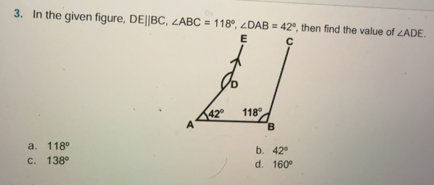 Solved: In the given figure, DE||BC,∠ ABC=118°,∠ DAB=42° , then find ...
