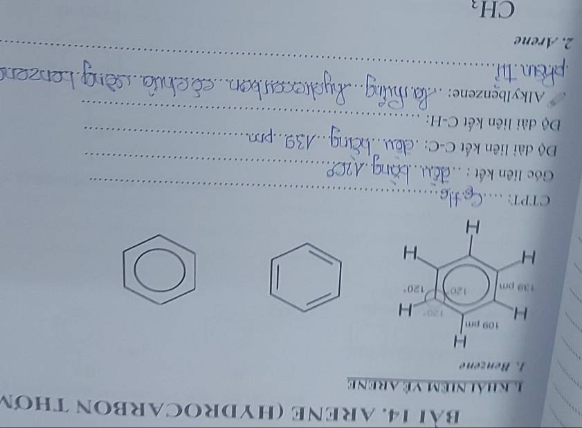 ARENE (HYDROCARBON THơn
1 khải niệm về Arene
1.Benzene
CTPT:_
_
Góc liên kê
_
Độ dài liên kết C-C:
_
Độ dài liên kết C-H:
_
Alkylbenzene:
_
_
2. Arene
_
CH_3