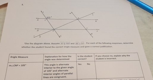 Use the diagram above. Assume overleftrightarrow AGparallel overleftrightarrow MH and overline BKparallel overline DJ. For each o the following responses, determine
whether the student found the correct angle measure and gave a correct justification.
Angle Measure Explanation for how the Is the student If you choose no, explain why the
angle was determined correct? student is incorrect.
m∠ CNF=105° This angle is alternate Yes No
interior to the given angle
of 105° and alternate
interior angles of parallel
lines are congruent.