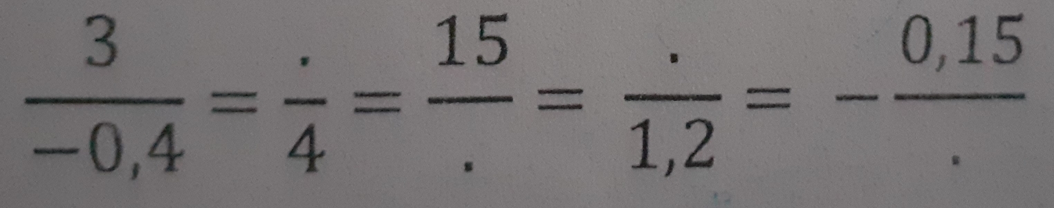  3/-0,4 = (.)/4 = 15/. = (.)/1,2 =- (0,15)/. 