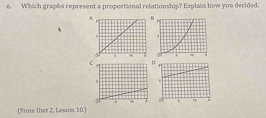 Which graphs represent a proportional relationship? Explain how you decided. 
A 
B 

C 
D 
(From Unit 2, Lesson 10.)