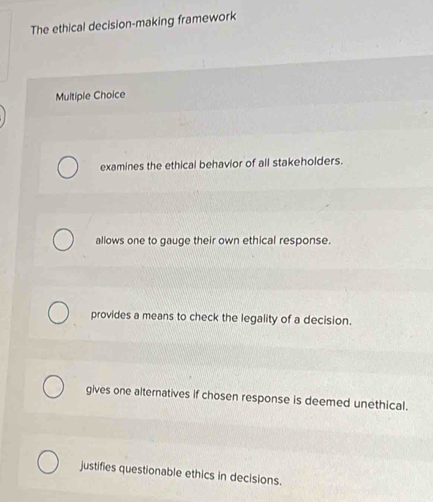 Solved: The ethical decision-making framework Multiple Choice examines ...