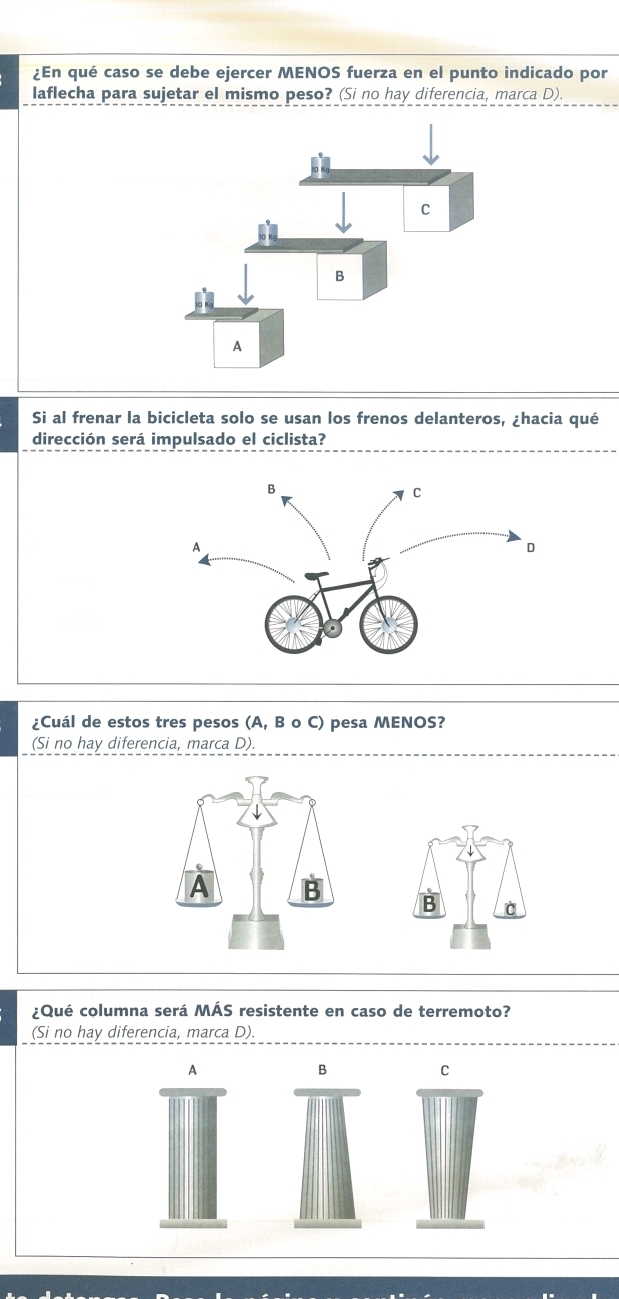 ¿En qué caso se debe ejercer MENOS fuerza en el punto indicado por
laflecha para sujetar el mismo peso? (Si no hay diferencia, marca D).
Si al frenar la bicicleta solo se usan los frenos delanteros, ¿hacia qué
dirección será impulsado el ciclista?
¿Cuál de estos tres pesos (A, B o C) pesa MENOS?
(Si no hay diferencia, marca D).
¿Qué columna será MÁS resistente en caso de terremoto?
(Si no hay diferencia, marca D).
A
B
C