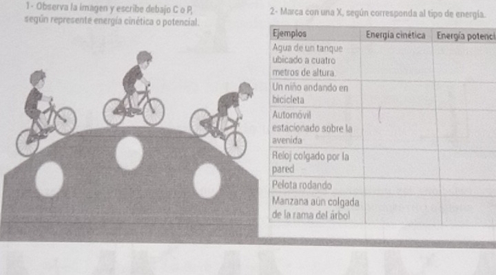 1- Observa la imagen y escribe debajo C o P, 2- Marca con una X, según corresponda al tipo de energía. 
según represente energía cinética o potencial. 
nci