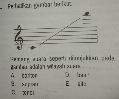 Perhatikan gambar berikut.
Rentang suara seperti ditunjukkan pada
gambar adalah wilayah suara . . . .
A. bariton D. bas
B. sopran E. alto
C. tenor