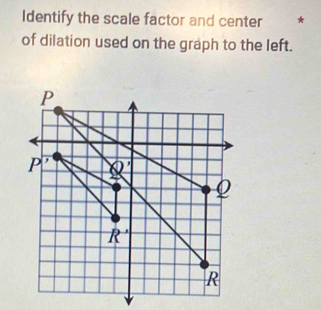 Identify the scale factor and center ₹ * 
of dilation used on the graph to the left.