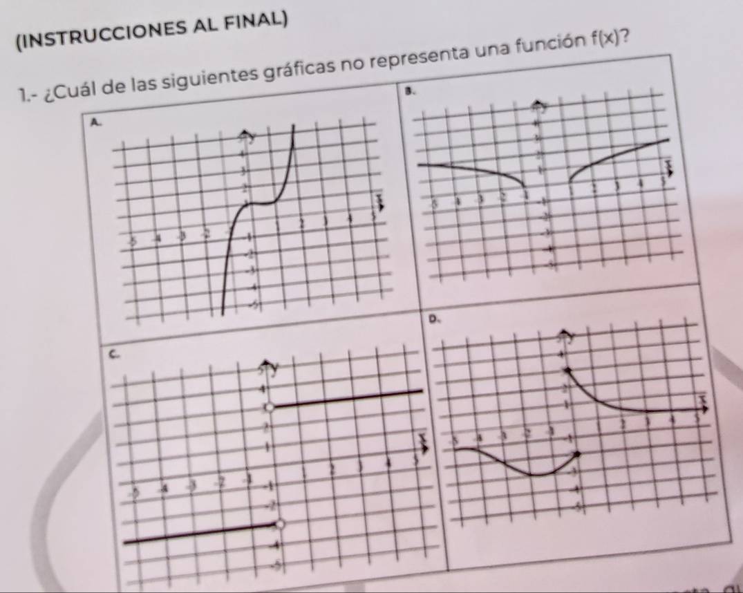 (INSTRUCCIONES AL FINAL)
1.- ¿Cuál de las siguientes gráficas no representa una función f(x) ?
A.