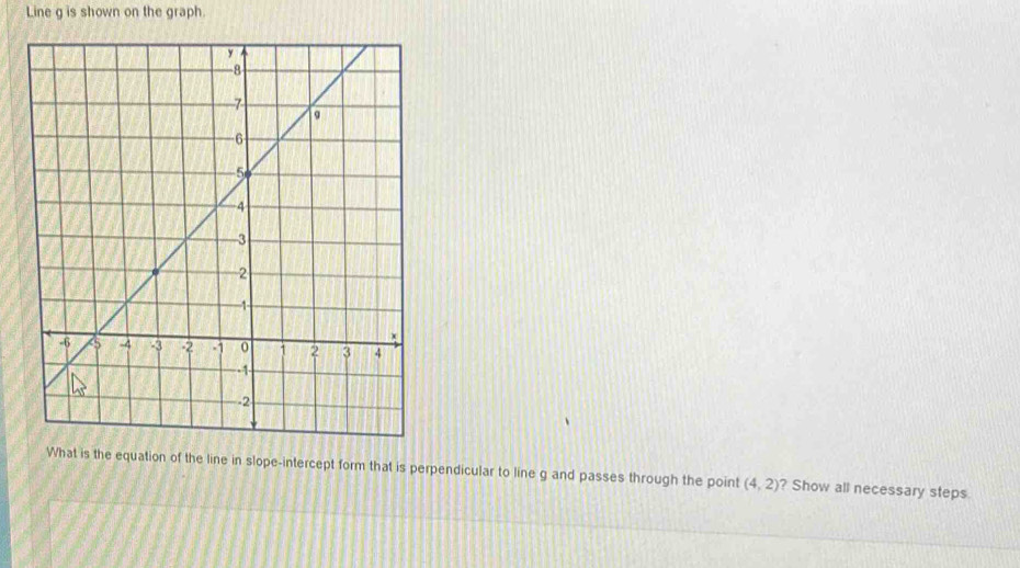 Line g is shown on the graph. 
What is the equation of the line in slope-intercept form that is perpendicular to line g and passes through the point (4,2) ? Show all necessary steps.