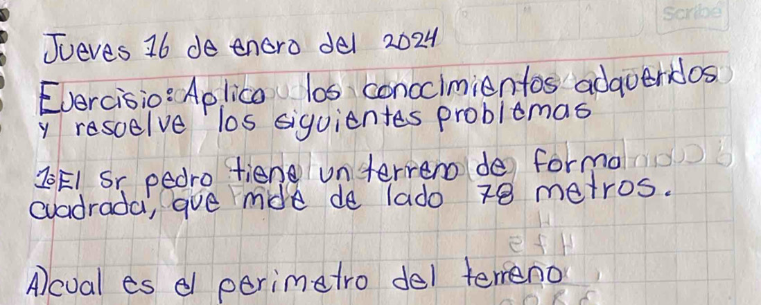 Jueves 16 de enero del 2024 
Evercisio: Aplica los conccimientos adqveridos 
y rescelve los siquientes problemas 
Z0E! S pedro tien unterren do forma 1 1 
evadrada, gue mide de lado 28 metros. 
Aleval es e perimatro del terreno