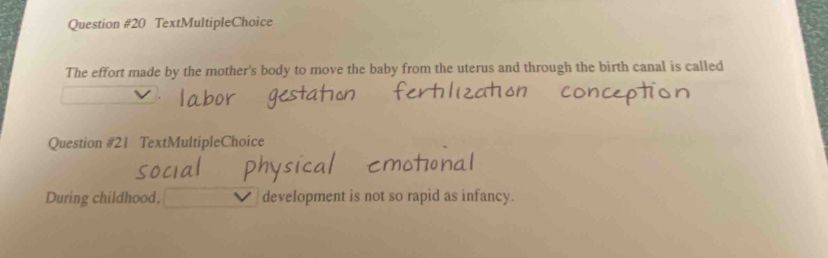 TextMultipleChoice 
The effort made by the mother's body to move the baby from the uterus and through the birth canal is called 
Question #21 TextMultipleChoice 
During childhood, development is not so rapid as infancy.