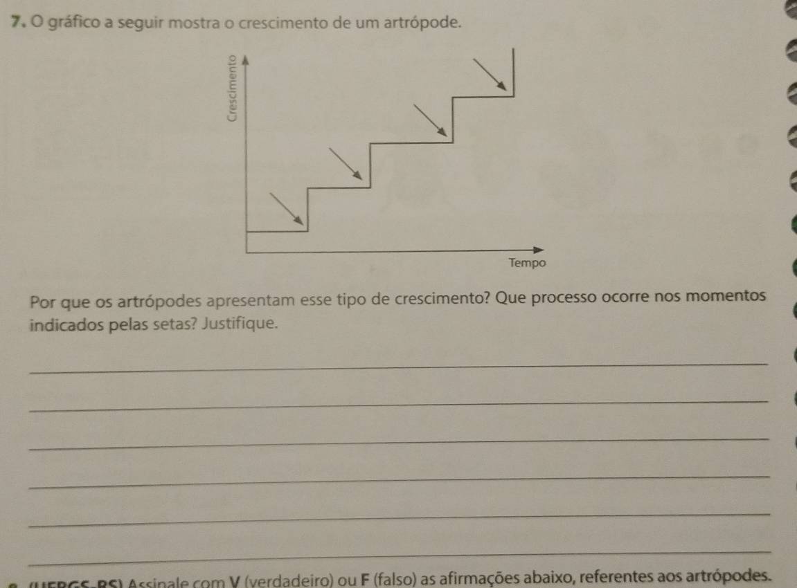 gráfico a seguir mostra o crescimento de um artrópode. 
Por que os artrópodes apresentam esse tipo de crescimento? Que processo ocorre nos momentos 
indicados pelas setas? Justifique. 
_ 
_ 
_ 
_ 
_ 
_ 
UFBGS-BS) Assinale com V (verdadeiro) ou F (falso) as afirmações abaixo, referentes aos artrópodes.