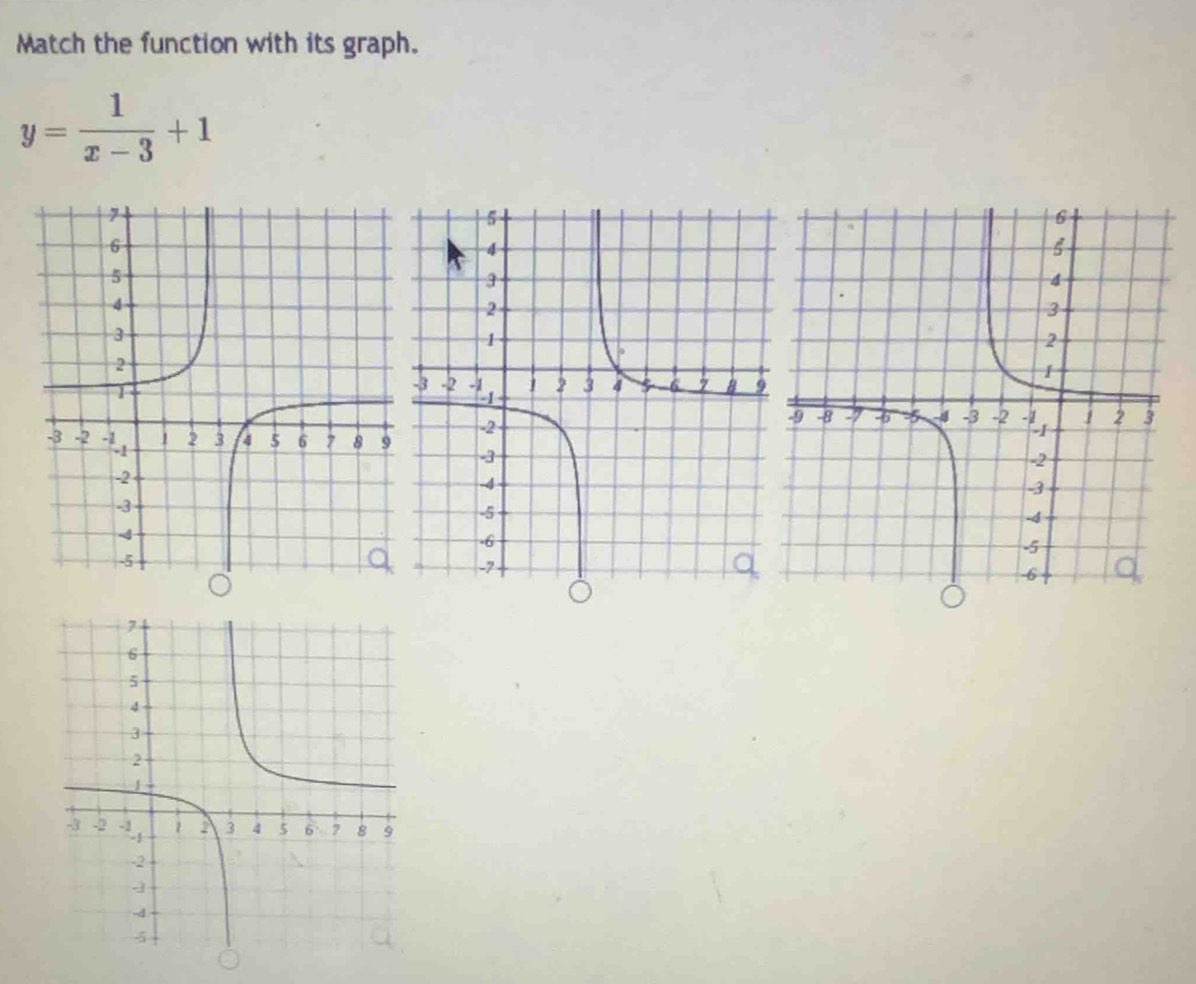 Match the function with its graph.
y= 1/x-3 +1