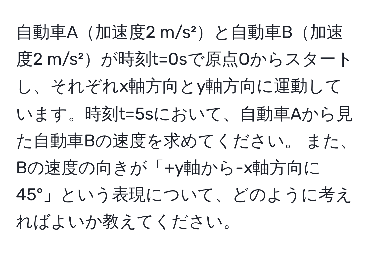 自動車A加速度2 m/s²と自動車B加速度2 m/s²が時刻t=0sで原点Oからスタートし、それぞれx軸方向とy軸方向に運動しています。時刻t=5sにおいて、自動車Aから見た自動車Bの速度を求めてください。 また、Bの速度の向きが「+y軸から-x軸方向に45°」という表現について、どのように考えればよいか教えてください。