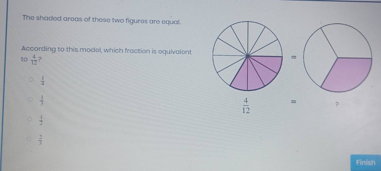 The shaded areas of these two figures are equal.
According to this model, which fraction is equivalent
to  4/12  ?
=
 1/4 
 1/3 
 4/12 
=
?
 1/2 
 2/3 
Finish