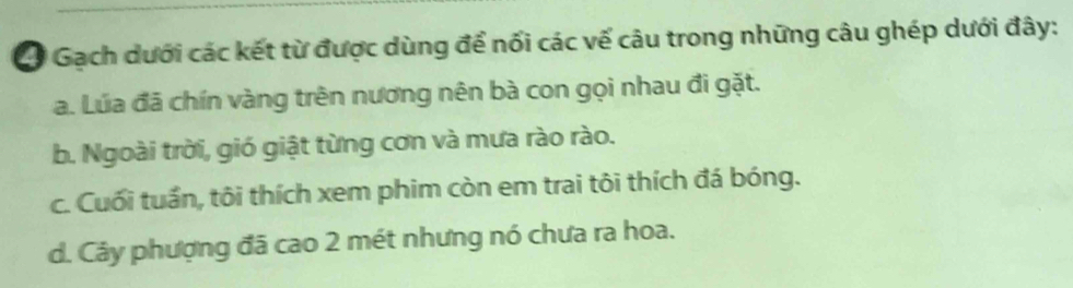 Gạch dưới các kết từ được dùng để nối các vế câu trong những câu ghép dưới đây:
a. Lúa đã chín vàng trên nương nên bà con gọi nhau đi gặt.
b. Ngoài trời, gió giật từng cơn và mưa rào rào.
c. Cuối tuần, tôi thích xem phim còn em trai tôi thích đá bóng.
d. Cây phượng đã cao 2 mét nhưng nó chưa ra hoa.