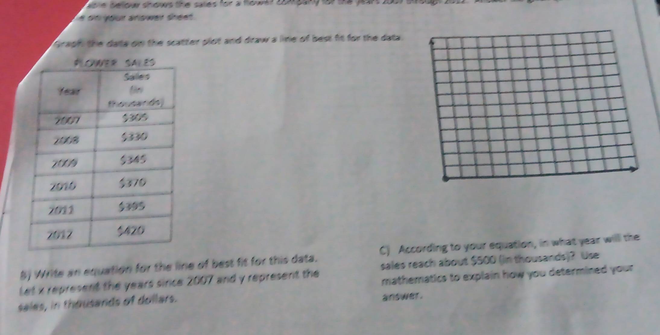 able belowr shows the sales for a hlower company for the years a 
a om your anower sheet . 
Graph, the data on the scatter plot and draw a lie of best fit for the data. 
C) According to your equation, in what year will the 
B) Write an equation for the line of best fit for this data. 
sales reach about $500 (in thousands)? Use 
Let x represent the years since 2007 and y represent the 
mathematics to explain how you determined your . 
sales, in thousands of dollars. 
answer.