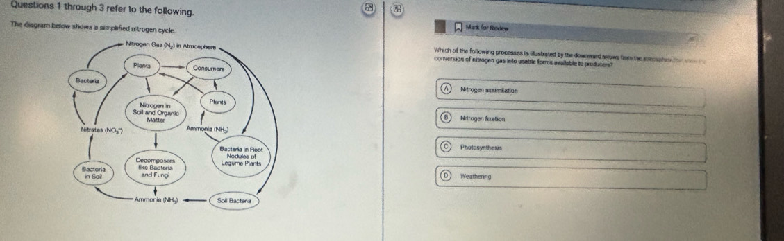 through 3 refer to the following. Mark for Review
The disgram below shows a simplified nitrogen cycle.
conversion of nitrogen gas into usable fors available to producers?
Which of the following processes is ilustrated by the downward aows from the steospher thir se  h
Nitrogen assimilation
Nitrogen fixation
Photosynthesis
Weathering