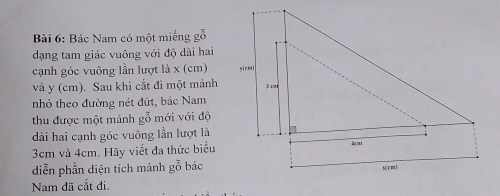 Bác Nam có một miếng gỗ 
dạng tam giác vuông với độ dài hai 
cạnh góc vuông lần lượt là x (cm) 
và y (cm). Sau khi cắt đi một mảnh 
nhỏ theo đường nét đứt, bác Nam 
thu được một mảnh gỗ mới với độ 
dài hai cạnh góc vuông lần lượt là
3cm và 4cm. Hãy viết đa thức biểu 
diễn phần diện tích mánh gỗ bác 
Nam đã cắt đi.