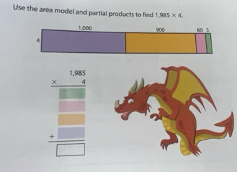 Use the area model and partial products to find 1,985* 4,
beginarrayr 1.10 *  *  (..04)/□   +□  hline □ endarray