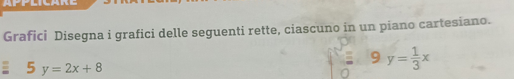 APPLICARE
Grafici Disegna i grafici delle seguenti rette, ciascuno in un piano cartesiano.
9 y= 1/3 x
5y=2x+8