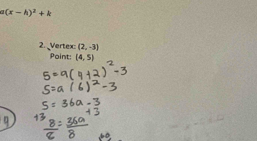 a(x-h)^2+k
2. Vertex: (2,-3)
Paint: (4,5)