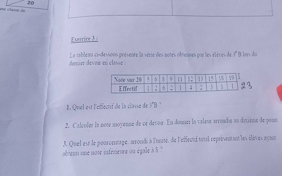 une classe de 
Exercice 3 : 
Le tableau ci-dessous présente la série des notes obtenues par les élèves de 3^e B lors du 
demier dévoir en classe : 
1. Quel est l'effectif de la classe de 3^eB
2. Calculer la note moyenne de ce devoir. En donner la valeur arrondie au dixième de point. 
3. Quel est le pourcentage. arrondi à l'unité. de l'effectif total représentant les élèves ayant 
obtenu une note inférieure ou égale à S ?