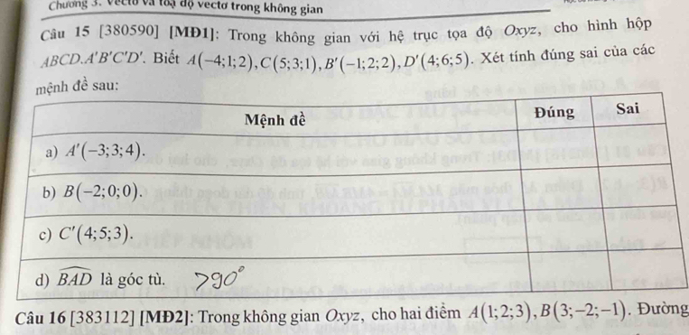 Chương 3. Vecto và toạ độ vectơ trong không gian
Câu 15 [380590] [MĐ1]: Trong không gian với hệ trục tọa độ Oxyz, cho hình hộp
ABCD A'B'C'D' Biết A(-4;1;2),C(5;3;1),B'(-1;2;2),D'(4;6;5). Xét tính đúng sai của các
Câu 16 [383112] [MĐ2]: Trong không gian Oxyz, cho hai điểm A(1;2;3),B(3;-2;-1). Đường