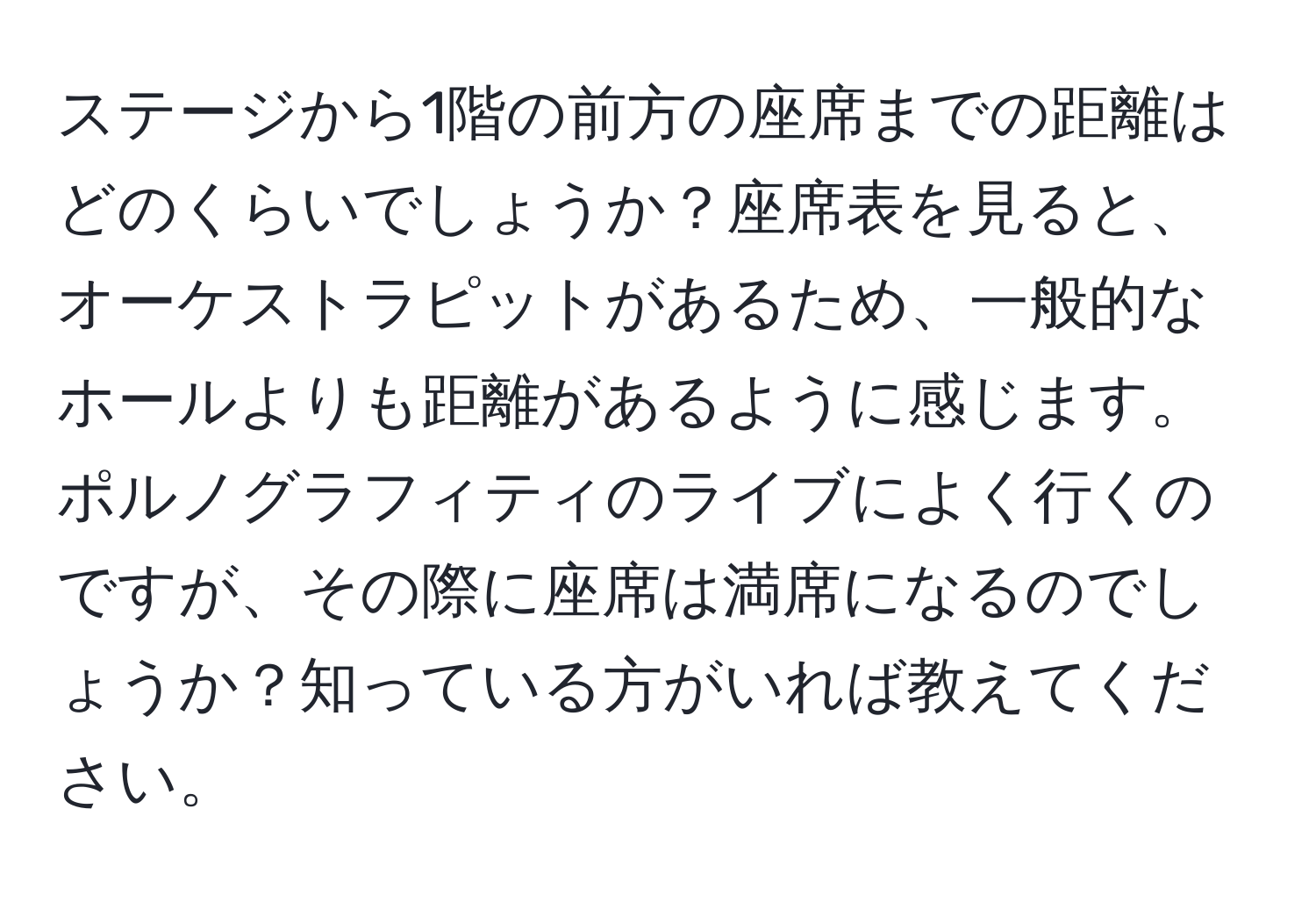 ステージから1階の前方の座席までの距離はどのくらいでしょうか？座席表を見ると、オーケストラピットがあるため、一般的なホールよりも距離があるように感じます。ポルノグラフィティのライブによく行くのですが、その際に座席は満席になるのでしょうか？知っている方がいれば教えてください。