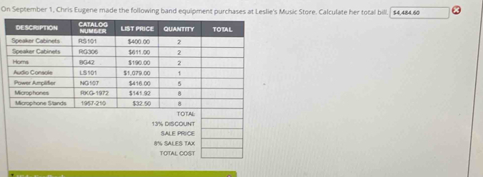 On September 1, Chris Eugene made the following band equipment purchases at Leslie's Music Store. Calculate her total bill. $4,484.60