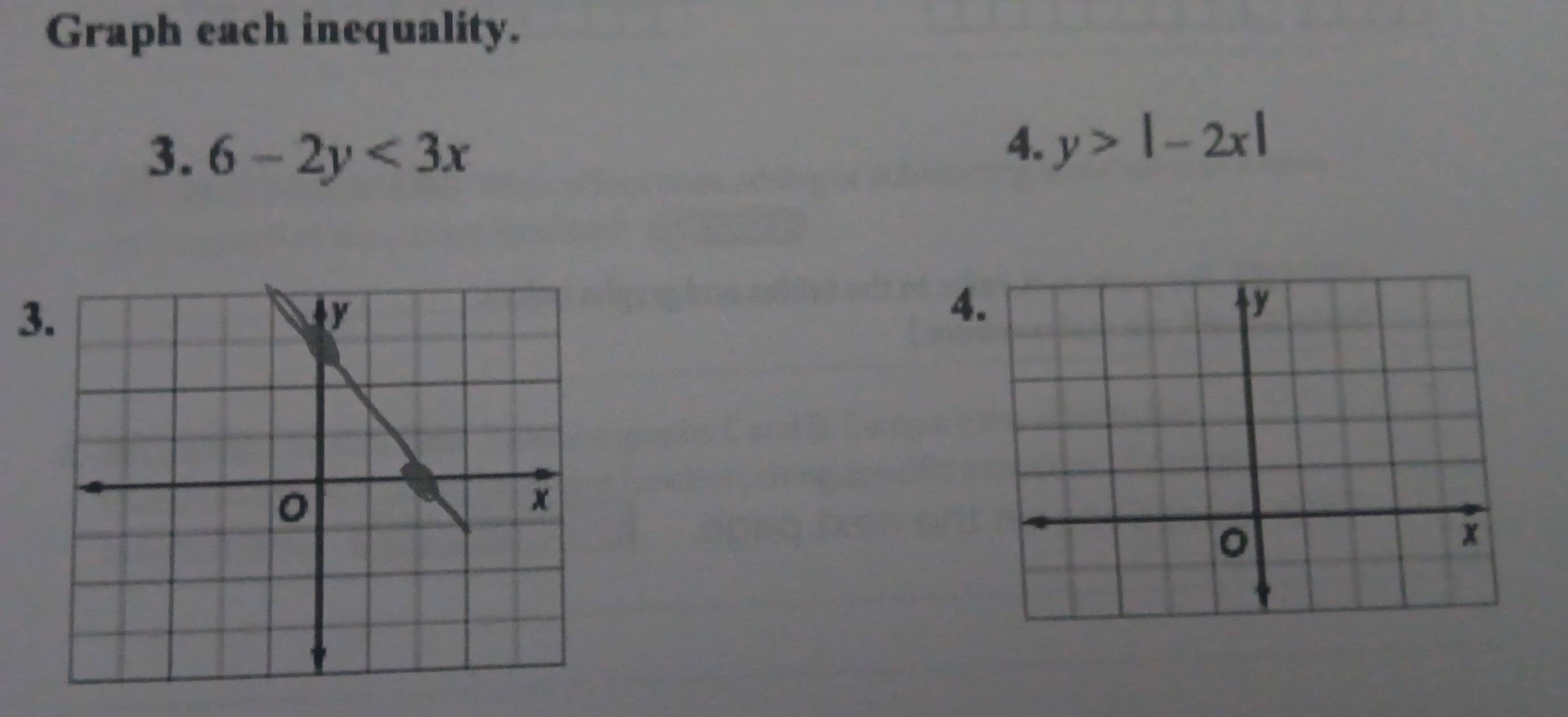 Graph each inequality.
3. 6-2y<3x</tex> 
4. y>|-2x|
3.
4