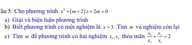 Cho phương trình x^2+(m+2)x+2m=0
a) Giải và biện luận phương trình 
b) Biết phương trình có một nghiệm là x=3. Tìm m và nghiệm còn lại 
c) Tìm để phương trình có hai nghiệm x_1, x_2 thỏa màn frac x_1x_2+frac x_2x_1=2