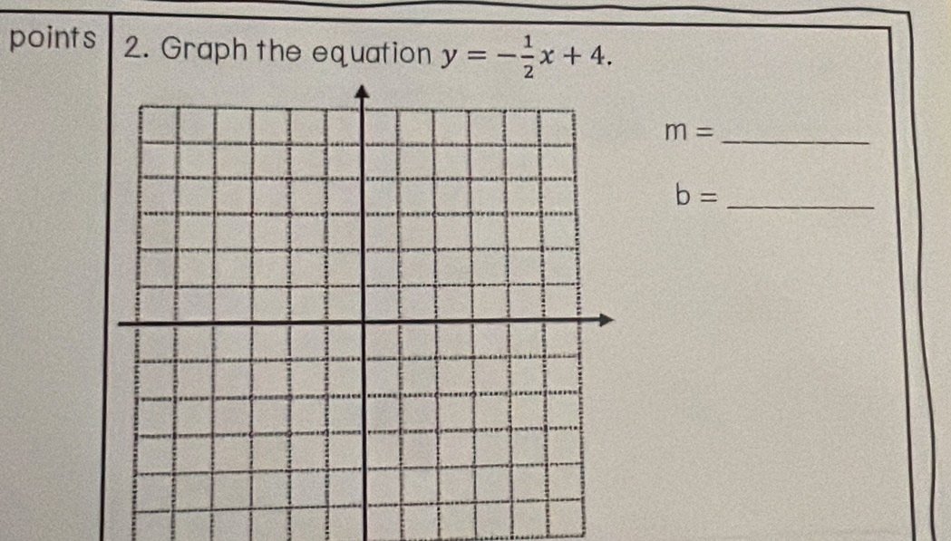 Graph the equation y=- 1/2 x+4.
m= _
b= _