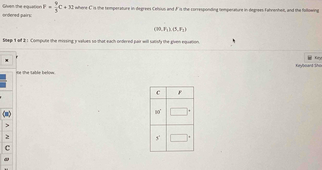 Given the equation F= 9/5 C+32 where C is the temperature in degrees Celsius and F is the corresponding temperature in degrees Fahrenheit, and the following
ordered pairs:
(10,F_1),(5,F_2)
Step 1 of 2 : Compute the missing y values so that each ordered pair will satisfy the given equation.
Key
Keyboard Sho
te the table below.
C
ω