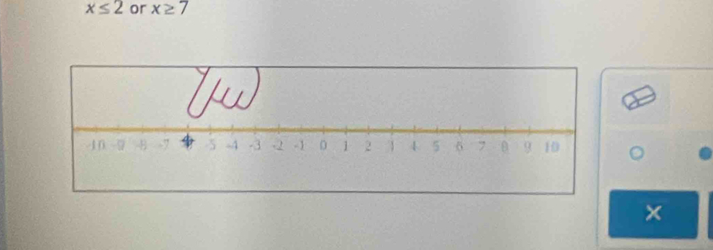 x≤ 2 or x≥ 7
×