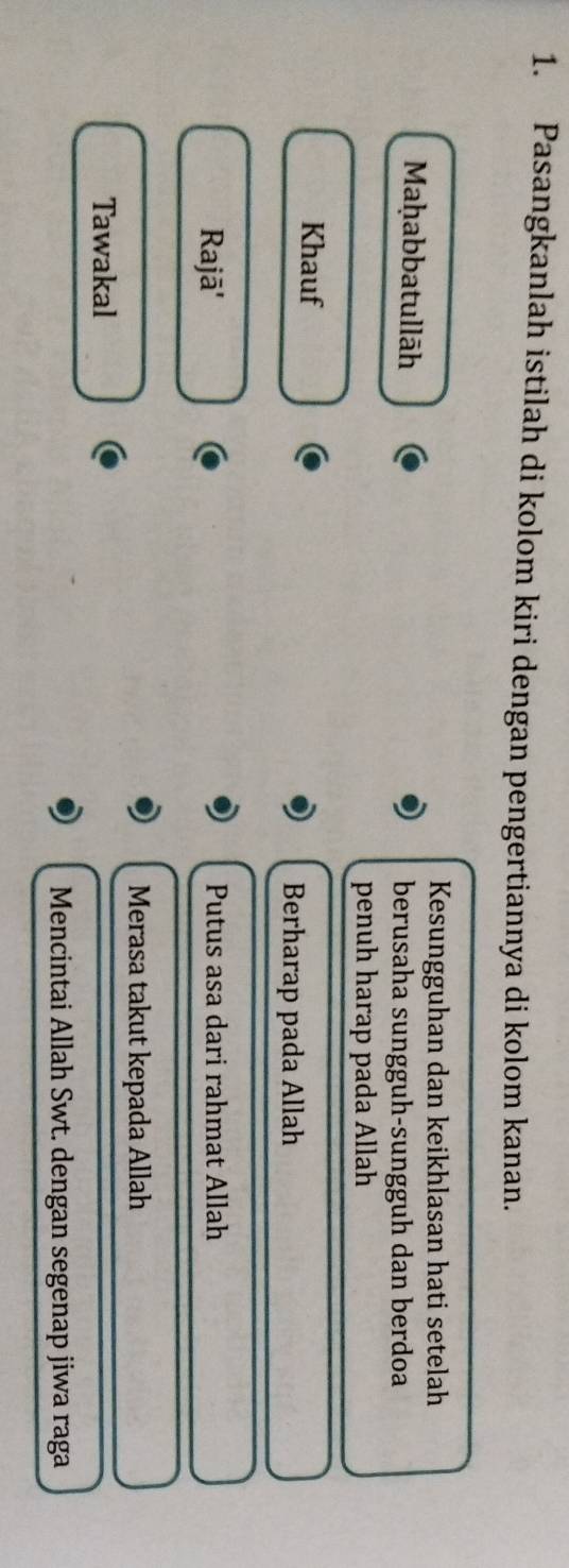 Pasangkanlah istilah di kolom kiri dengan pengertiannya di kolom kanan.
Kesungguhan dan keikhlasan hati setelah
Maḥabbatullāh berusaha sungguh-sungguh dan berdoa
penuh harap pada Allah
Khauf
Berharap pada Allah
Rajā' Putus asa dari rahmat Allah
Merasa takut kepada Allah
Tawakal
Mencintai Allah Swt. dengan segenap jiwa raga