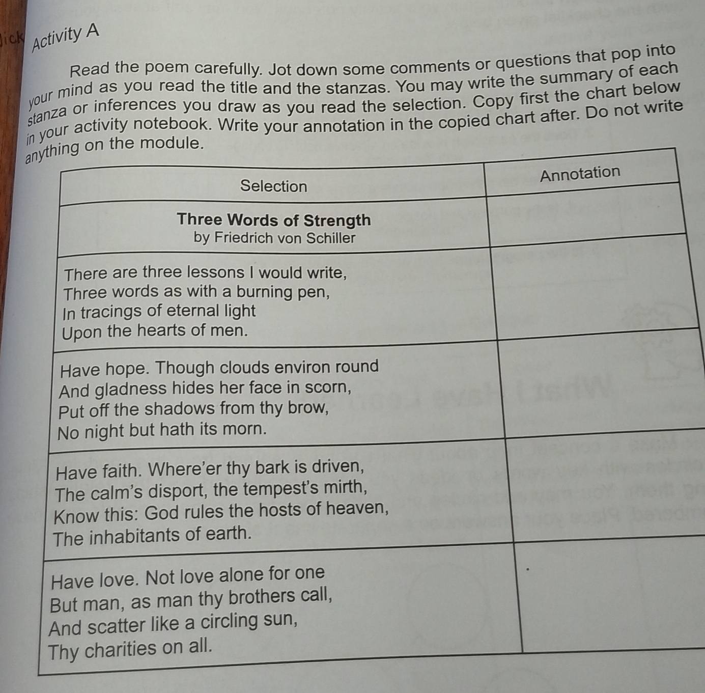 lick ActivityA 
Read the poem carefully. Jot down some comments or questions that pop into 
your mind as you read the title and the stanzas. You may write the summary of each 
stanza or inferences you draw as you read the selection. Copy first the chart below 
iyour activity notebook. Write your annotation in the copied chart after. Do not write 
a