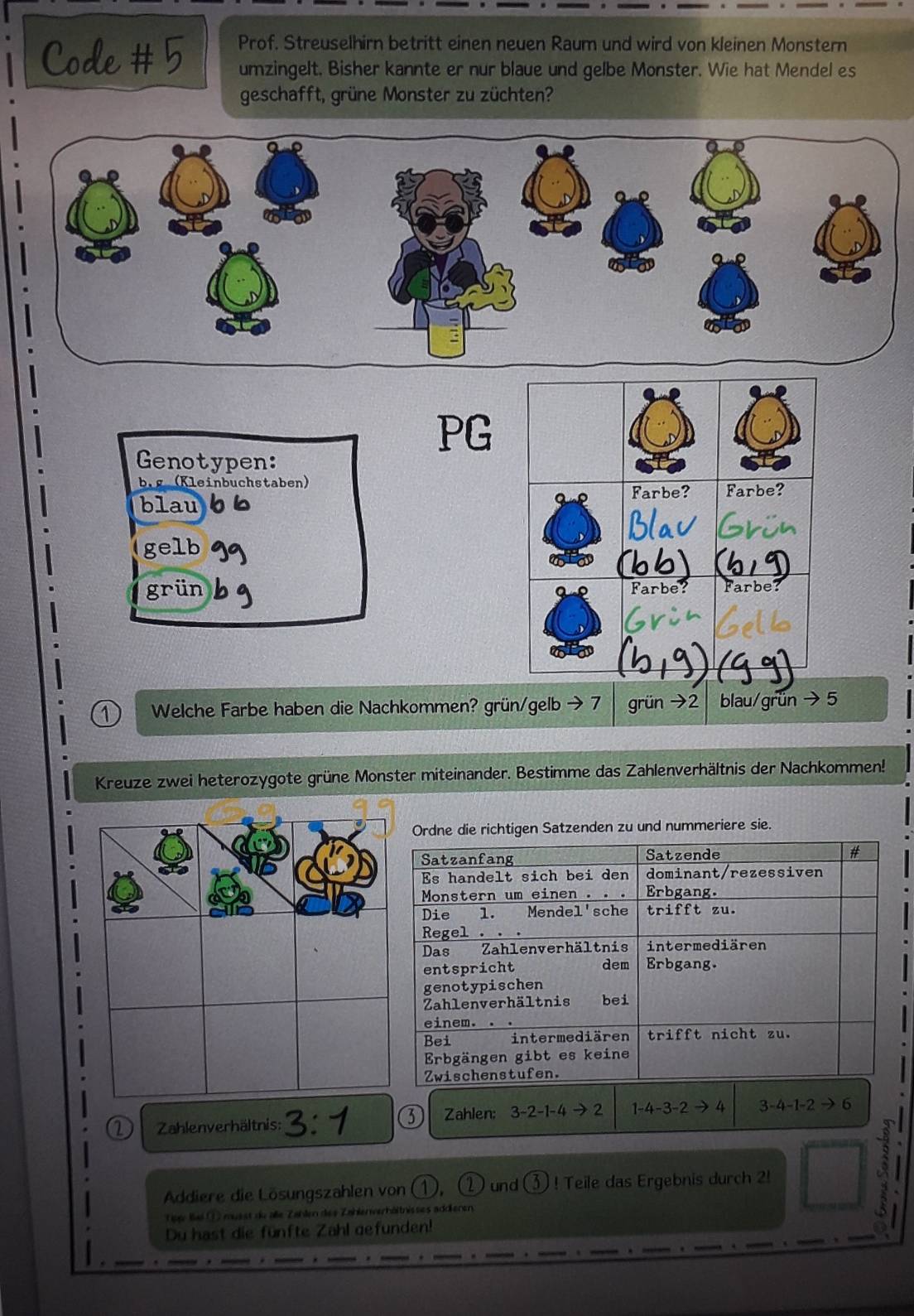 Code # 5 Prof. Streuselhirn betritt einen neuen Raum und wird von kleinen Monstern 
umzingelt. Bisher kannte er nur blaue und gelbe Monster. Wie hat Mendel es 
geschafft, grüne Monster zu züchten? 
PG 
Genotypen: 
b,g (Kleinbuchstaben) 
blau 
gelb 
grün 
1 Welche Farbe haben die Nachkommen? grün/gelb 7 grün →2 blau/grün to 5
Kreuze zwei heterozygote grüne Monster miteinander. Bestimme das Zahlenverhältnis der Nachkommen! 
Ordne die richtigen Satzenden zu und nummeriere sie. 
③ 
2 Zahlenverhältnis: Zahlen; 3-2-1-4to 2 1-4-3-2to 4 3-4-1-2to 6
Addiere die Lösungszahlen von ①, ② und ③ ! Teile das Ergebnis durch 2! 
` 
Tpp: laé ① musst du alle Zahlen des Zahlenwerhältnisses addienen 
Du hast die fünfte Zahl gefunden! 
.