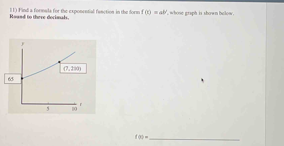 Find a formula for the exponential function in the form f(t)=ab^t , whose graph is shown below.
Round to three decimals.
_ f(t)=