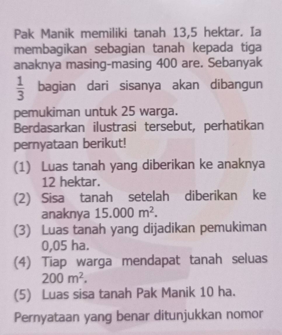 Pak Manik memiliki tanah 13, 5 hektar. Ia 
membagikan sebagian tanah kepada tiga 
anaknya masing-masing 400 are. Sebanyak
 1/3  bagian dari sisanya akan dibangun 
pemukiman untuk 25 warga. 
Berdasarkan ilustrasi tersebut, perhatikan 
pernyataan berikut! 
(1) Luas tanah yang diberikan ke anaknya
12 hektar. 
(2) Sisa tanah setelah diberikan ke 
anaknya 15.000m^2. 
(3) Luas tanah yang dijadikan pemukiman
0,05 ha. 
(4) Tiap warga mendapat tanah seluas
200m^2. 
(5) Luas sisa tanah Pak Manik 10 ha. 
Pernyataan yang benar ditunjukkan nomor