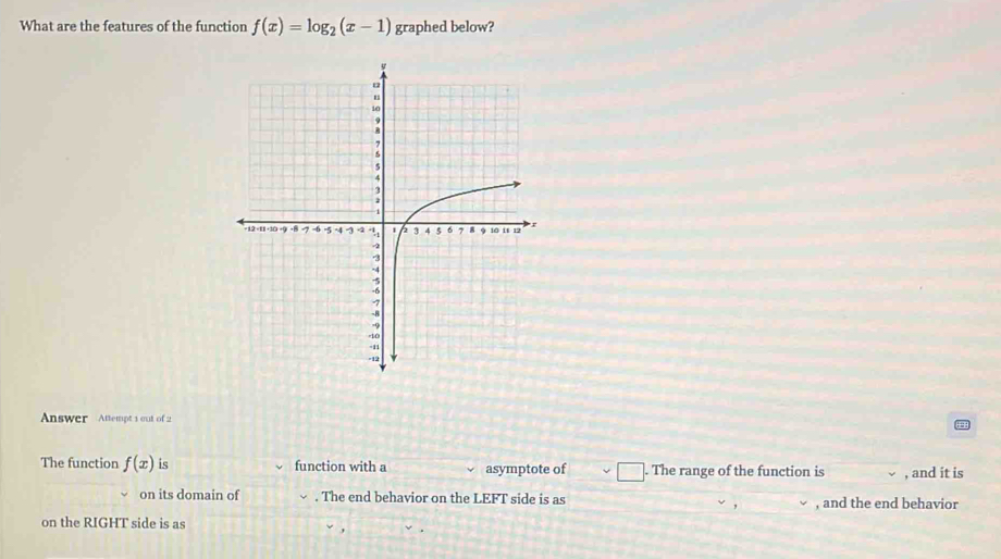 What are the features of the function f(x)=log _2(x-1) graphed below? 
Answer Attempt 1 out of 2 
The function f(x) is function with a asymptote of . The range of the function is , and it is 
on its domain of . The end behavior on the LEFT side is as , and the end behavior 
on the RIGHT side is as