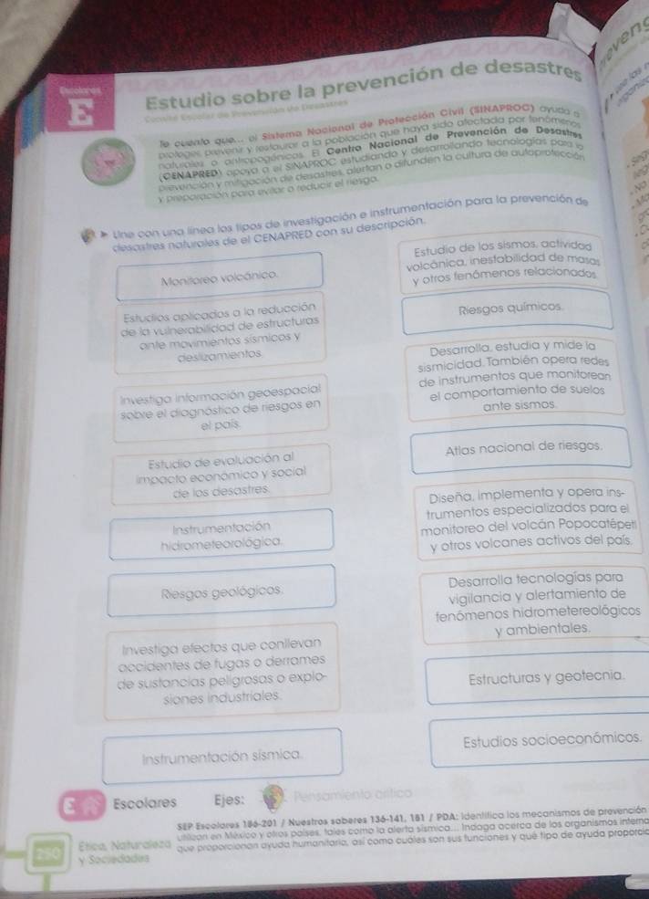 even
        
     
E  Estudio sobre la prevención de desastres
a ne
Cocnité Cocelar de
de cuento que.. ol Sistema Nacional de Protección Civil (SINAPROC) oyudo y
prologer prevenir y restauror a la población que haya sido atectada por tenómero
nalvrales o antiopogánicas El Centro Nacional de Prevención de Desastre
(CENAPRED) apoya a el SINAPROC estudiando y desarrollando tecnologías para la
Dievención y miligación de desasties, alertan a difunden la cultura de autapiblección
   
N   
y preporación para evilar o reducir el riesiga.
* Une con una línea los tipos de investigación e instrumentación para la prevención de
descstres naturales de el CENAPRED con su descripción.
Estudio de los sismos, actividad
Monitoreo volcánico. volcânica, inestabilidad de masa
y otros fenômenos relacionados
Estudios aplicados a la reducción
de la vulnerabilidad de estructuras Resgos químicos
ante movimientos sísmicos y
deslizamientos Desarrolla, estudia y mide la
sismicidad.También opera redes
Investiga Información geoespacial de instrumentos que manitorean
sobre el diagnóstico de riesgos en el comportamiento de suelos
el país. ante sismos.
Estudio de evaluación al Atlas nacional de riesgos.
impacto económico y social
de los desastres.
Diseña, implementa y opera ins-
Instrumentación trumentos especializados para el
hidrome teorológica. monitoreo del volcán Popocatépeti
y otros volcanes activos del país.
Resgos geológicos Desarrolla tecnologías para
vigilancia y alertamiento de
fenómenos hidrometereológicos
Investiga efectos que conllevan y ambientales.
accidentes de fugas o derrames
de sustancias pelígrosas o explo- Estructuras y geotecnia.
siones industriales.
Instrumentación sísmica Estudios socioeconómicos.
EA Escolares Ejes: Pensamiento artico
SEP Escelares 186-201 / Nuestros saberes 136-141, 181 / PDA: identífica los mecanismos de prevención
utiican en México y ofros poíses, tales como la alerta sísmica.. Indaga acerca de los organismos interno
Etica, Naturaleza que proporcionan ayuda humanitaria, así como cuáles son sus funciones y qué tipo de ayuda proporcia
250 y Sociedades